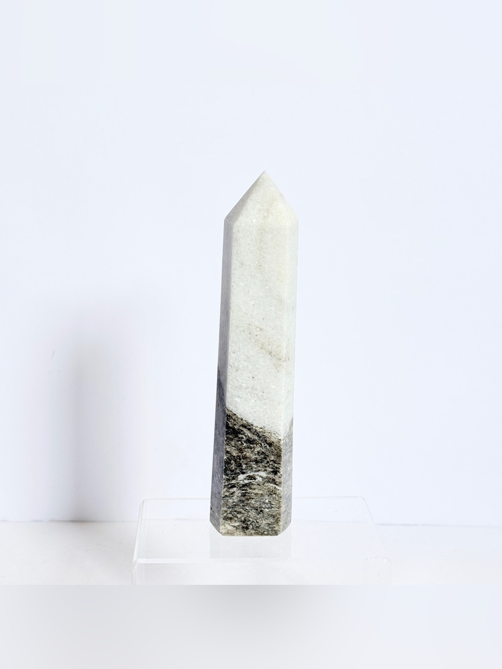White Ocean Jasper Tower Obelisk – Color Blocked Crystal Point 7.25” 505g